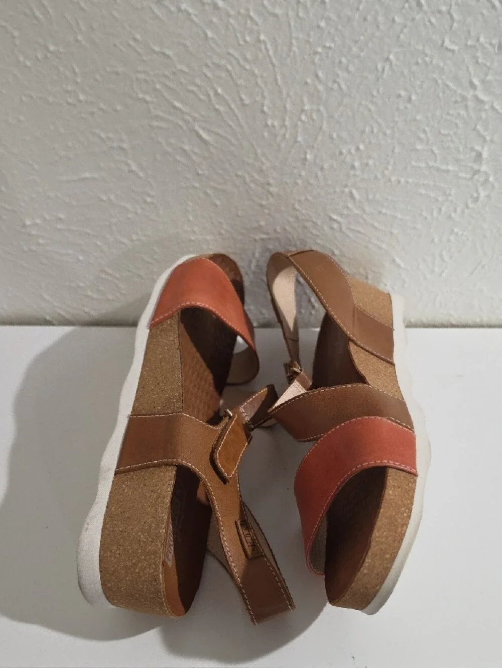 PIKOLINOS Tan and Coral Wedge Sandals